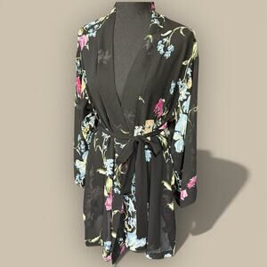 Helena Quinn Sheer Chiffon Dark Floral Robe Kimono Swim Cover Up One Size